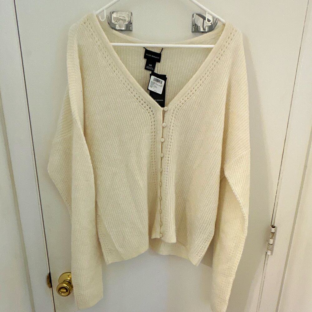 Club Monaco Alpaca Ivory V-Neck Button Front Knit Cardigan Sweater Women's L